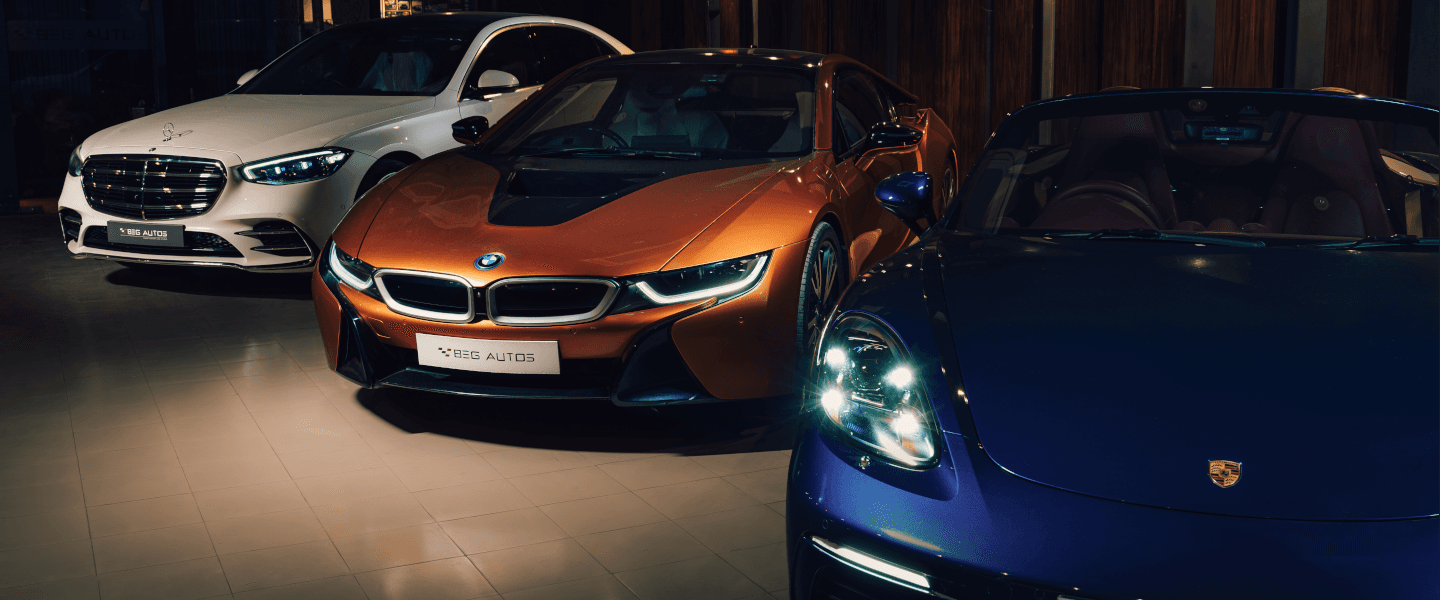 Luxury cars in showroom